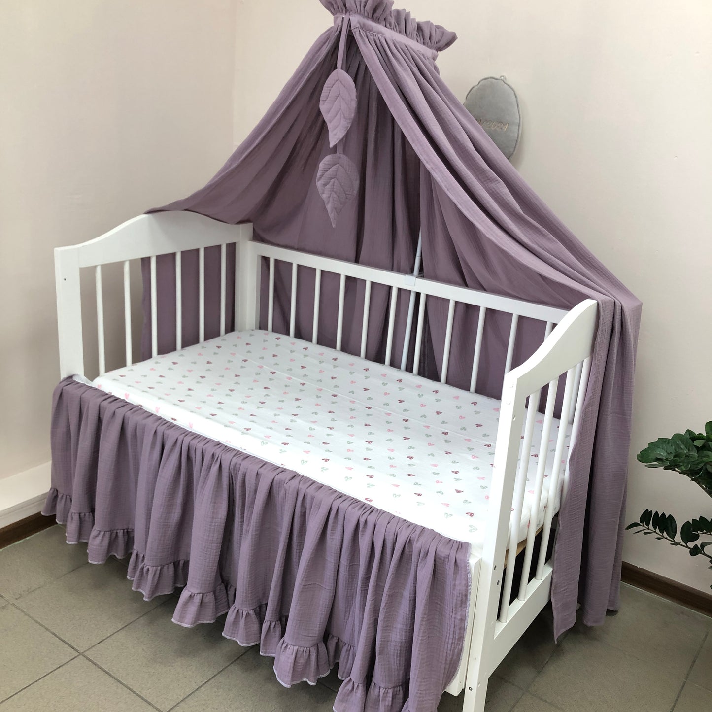 Plum Muslin Crib Bedding Set with Leaf Canopy, Quilted Blanket & Front Crib Skirt
