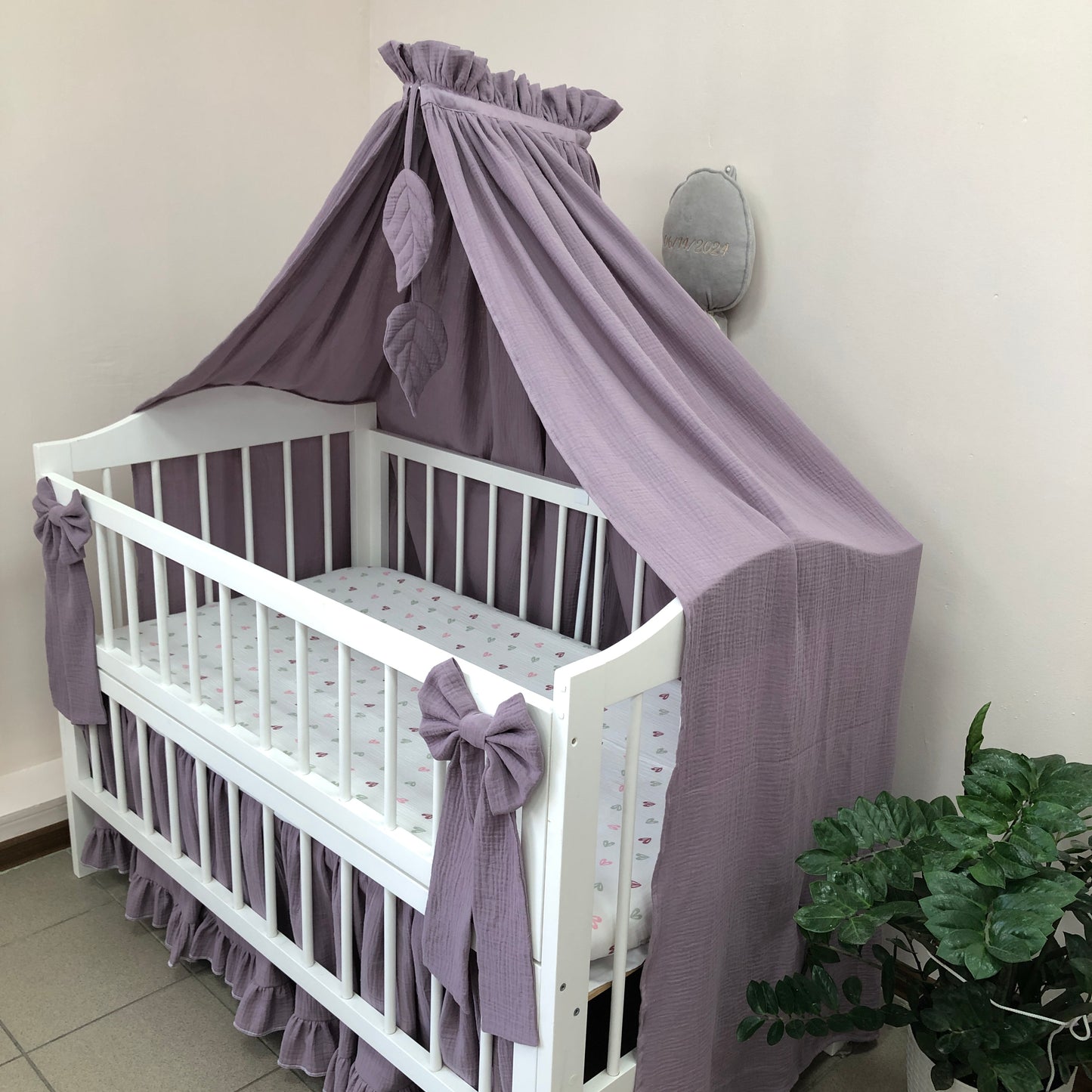 Plum Muslin Crib Bedding Set with Leaf Canopy, Quilted Blanket & Front Crib Skirt