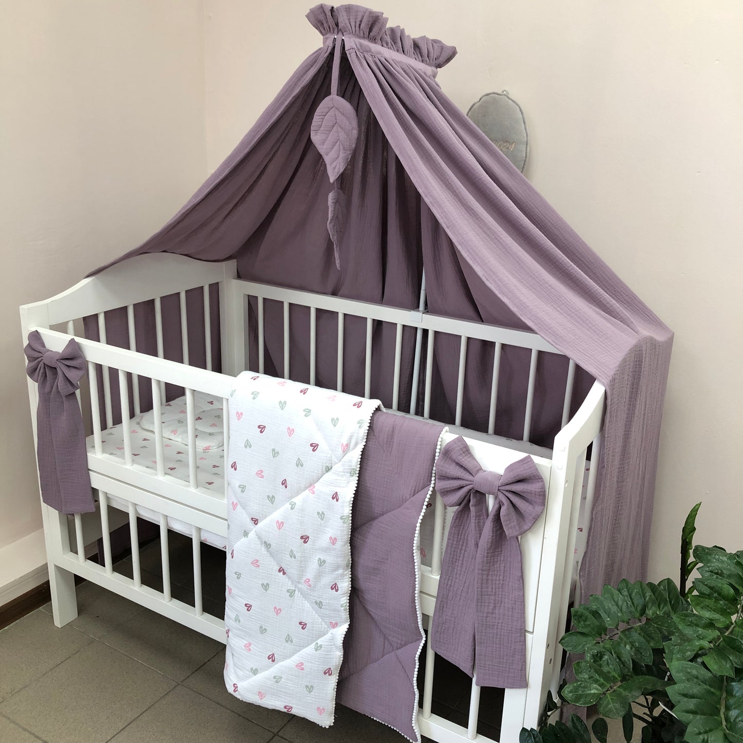 Plum Muslin Crib Bedding Set with Leaf Canopy, Quilted Blanket & Front Crib Skirt