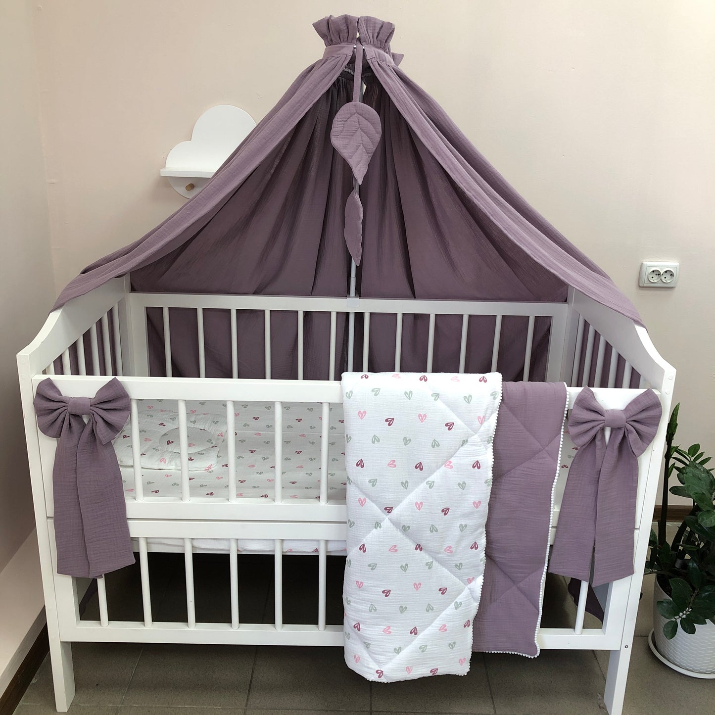 Plum Muslin Crib Bedding Set with Leaf Canopy, Quilted Blanket & Front Crib Skirt