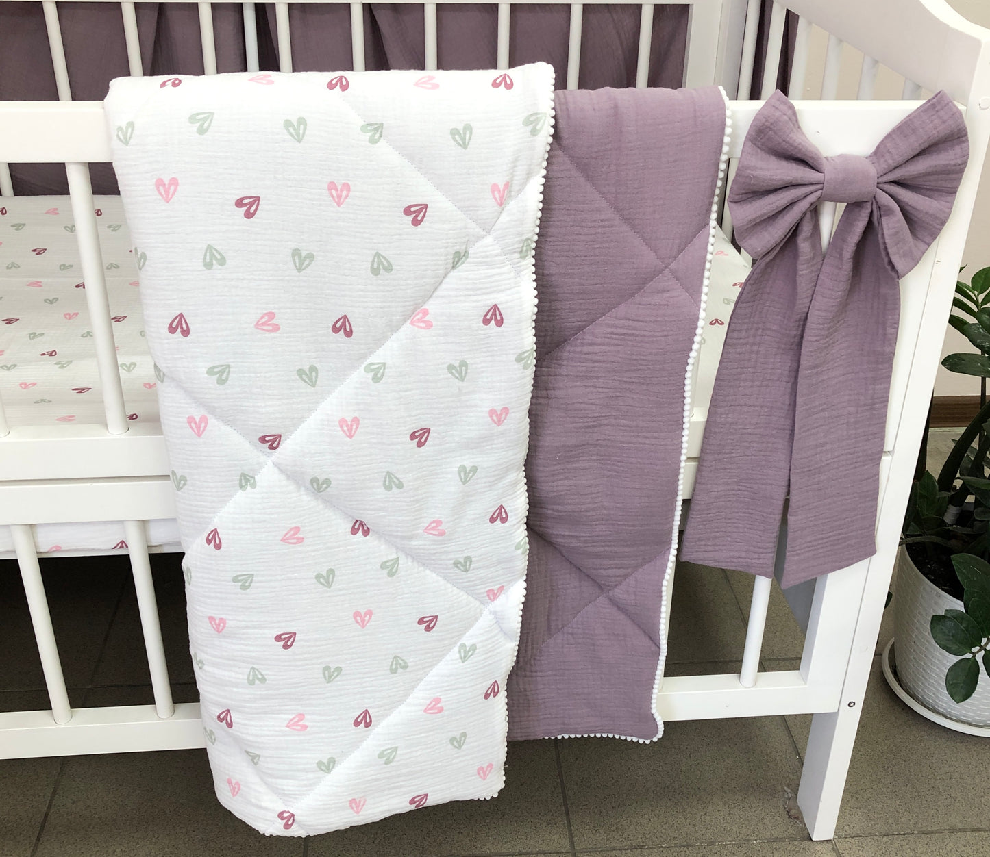 Plum Muslin Crib Bedding Set with Leaf Canopy, Quilted Blanket & Front Crib Skirt