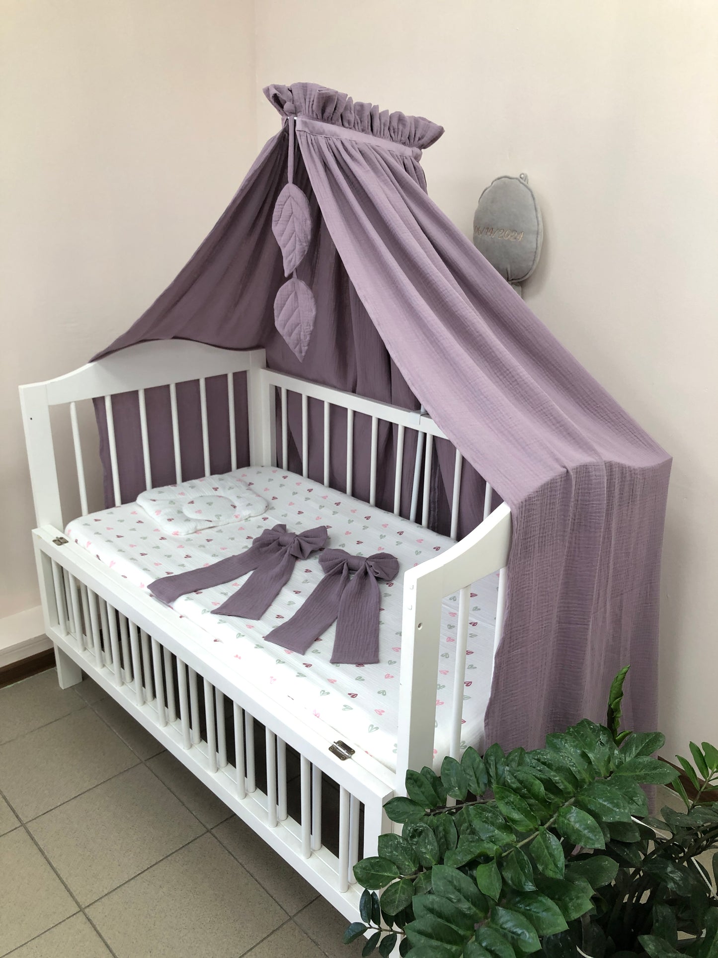 Plum Muslin Crib Bedding Set with Leaf Canopy, Quilted Blanket & Front Crib Skirt