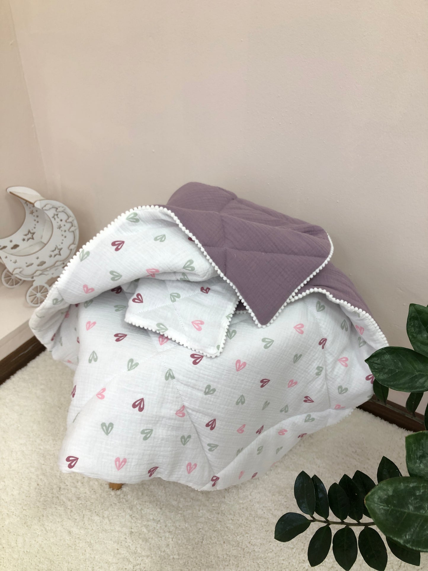 Plum Muslin Crib Bedding Set with Leaf Canopy, Quilted Blanket & Front Crib Skirt