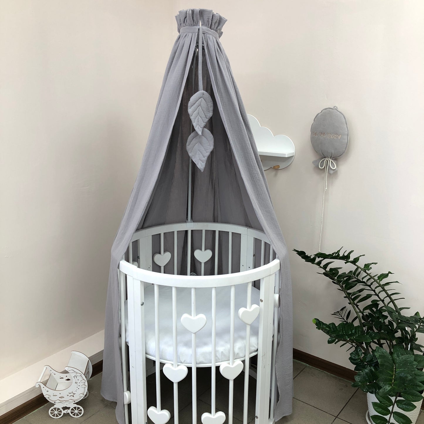 Gray Muslin Crib Bedding Set with Bird & Branch Print, Ruffled Quilted Blanket & Leaf Canopy