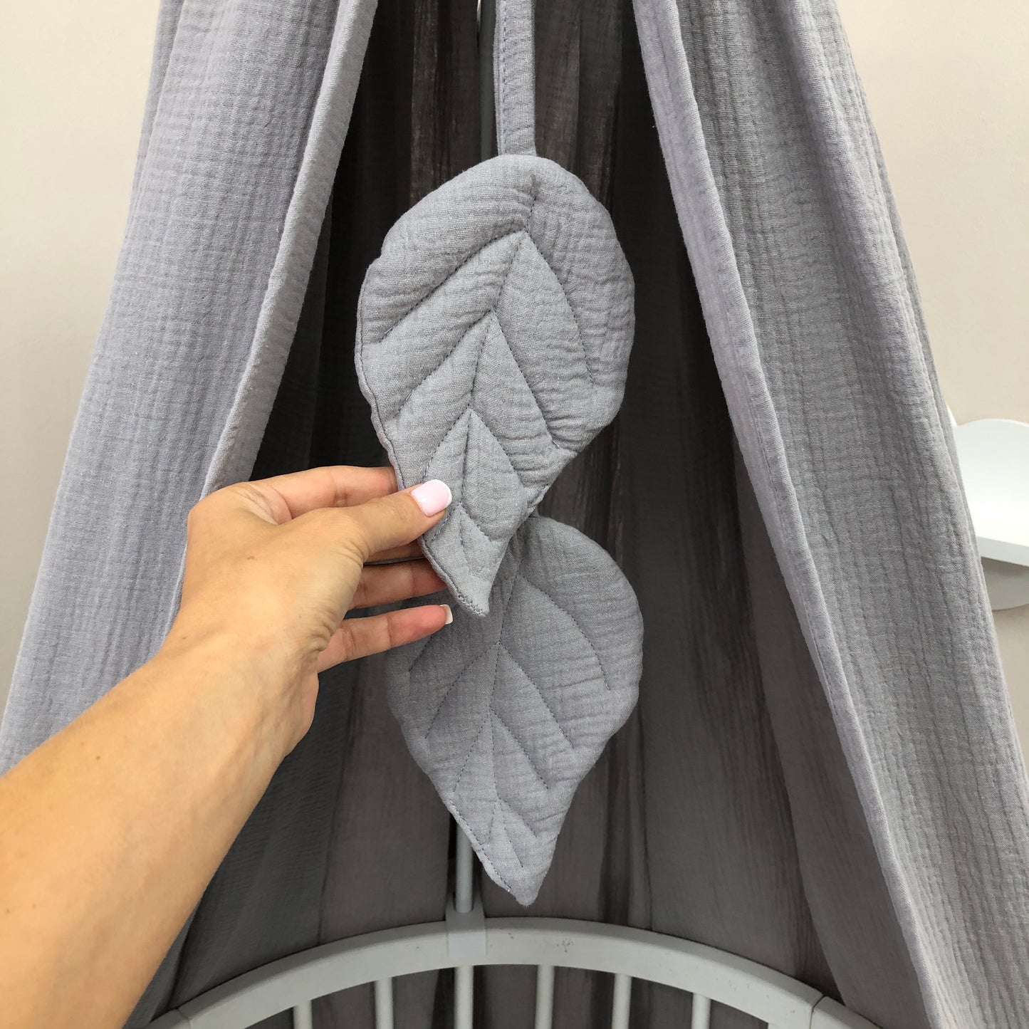 Gray Muslin Crib Bedding Set with Bird & Branch Print, Ruffled Quilted Blanket & Leaf Canopy