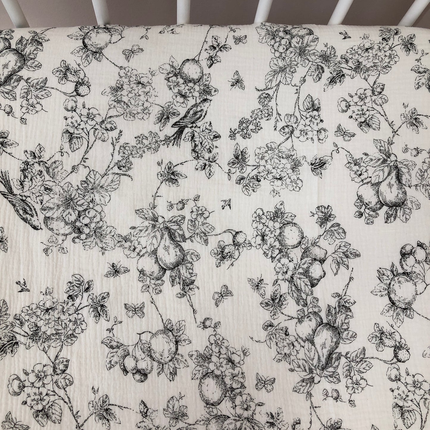 Gray Muslin Crib Bedding Set with Bird & Branch Print, Ruffled Quilted Blanket & Leaf Canopy