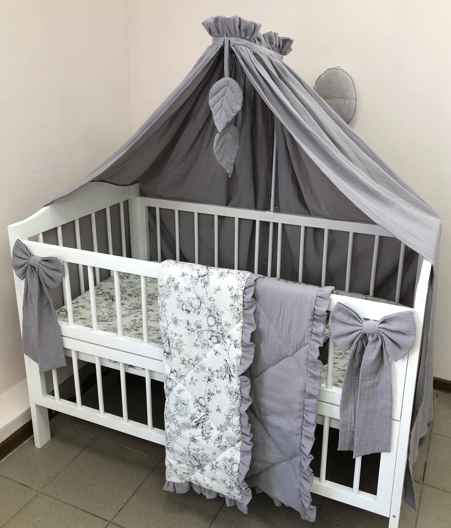 Gray Muslin Crib Bedding Set with Bird & Branch Print, Ruffled Quilted Blanket & Leaf Canopy