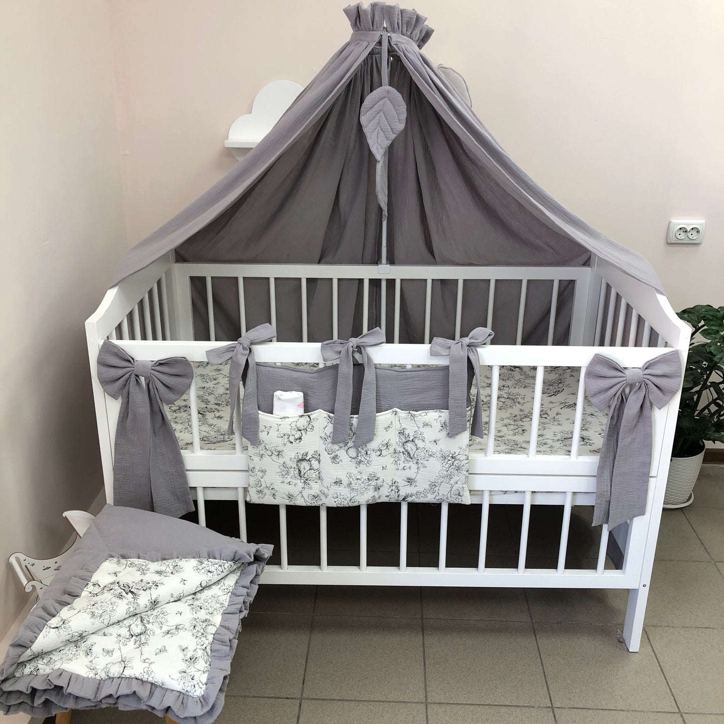 Gray Muslin Crib Bedding Set with Bird & Branch Print, Ruffled Quilted Blanket & Leaf Canopy