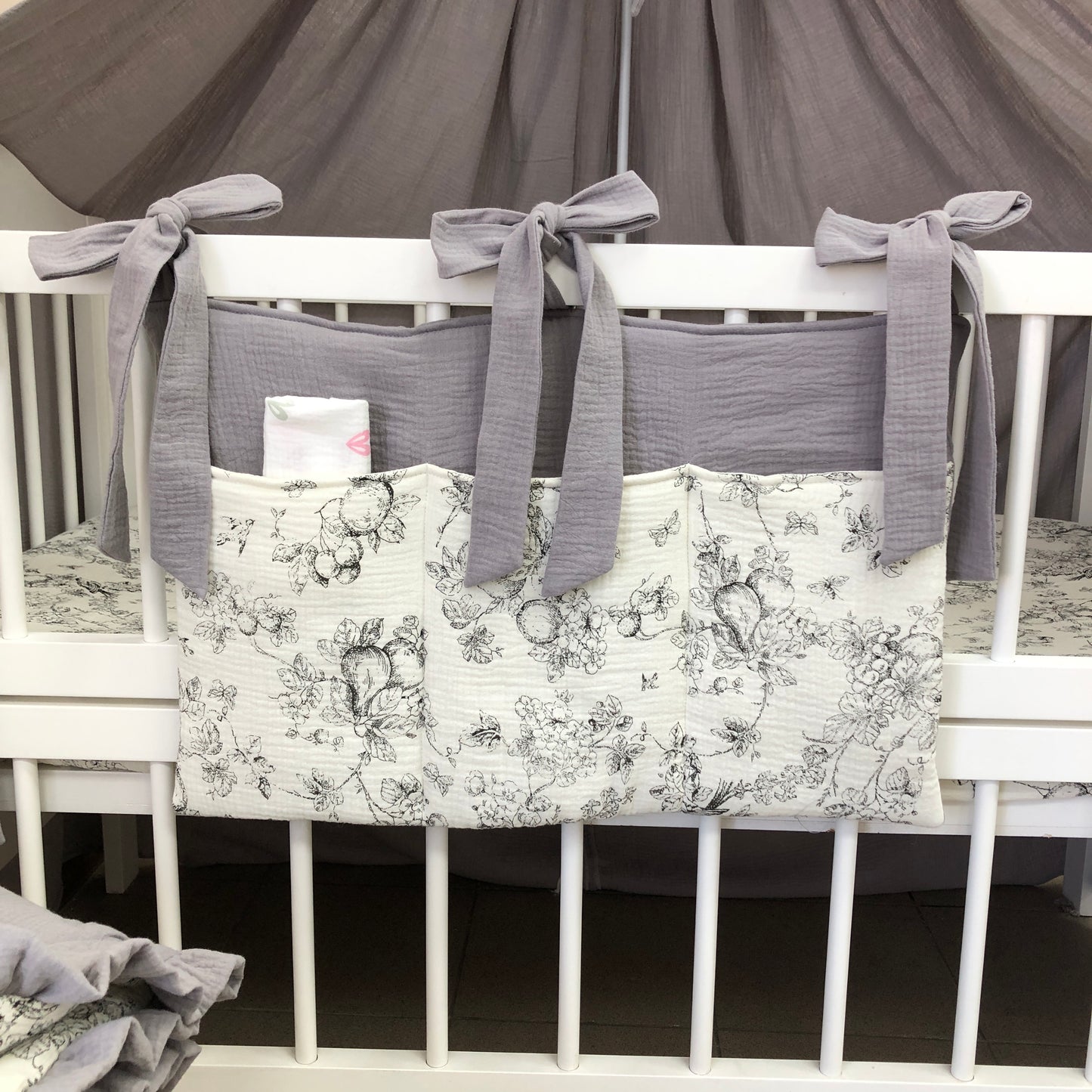 Gray Muslin Crib Bedding Set with Bird & Branch Print, Ruffled Quilted Blanket & Leaf Canopy