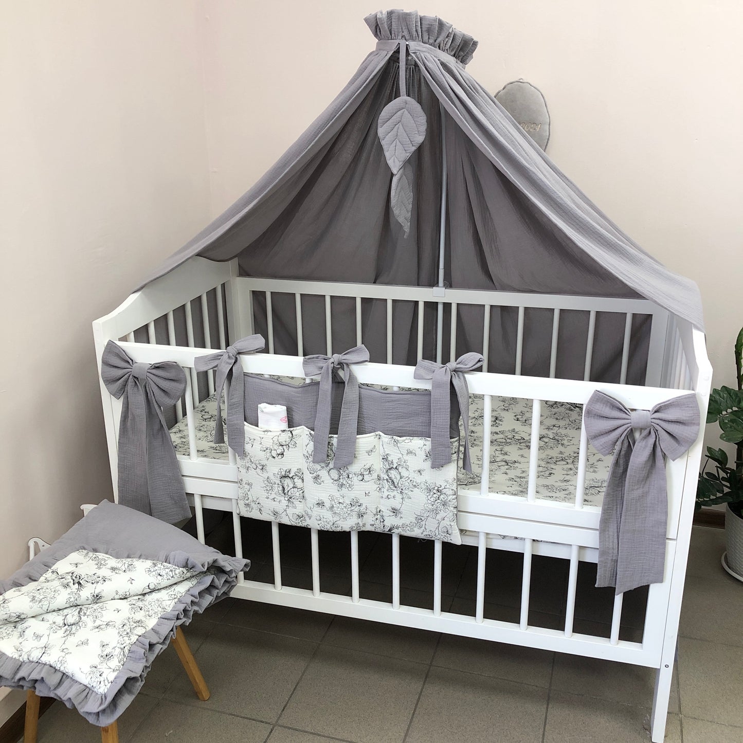 Gray Muslin Crib Bedding Set with Bird & Branch Print, Ruffled Quilted Blanket & Leaf Canopy