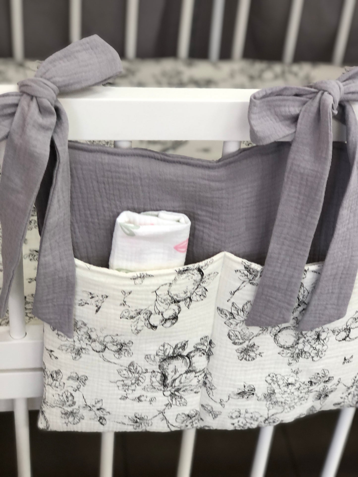 Gray Muslin Crib Bedding Set with Bird & Branch Print, Ruffled Quilted Blanket & Leaf Canopy