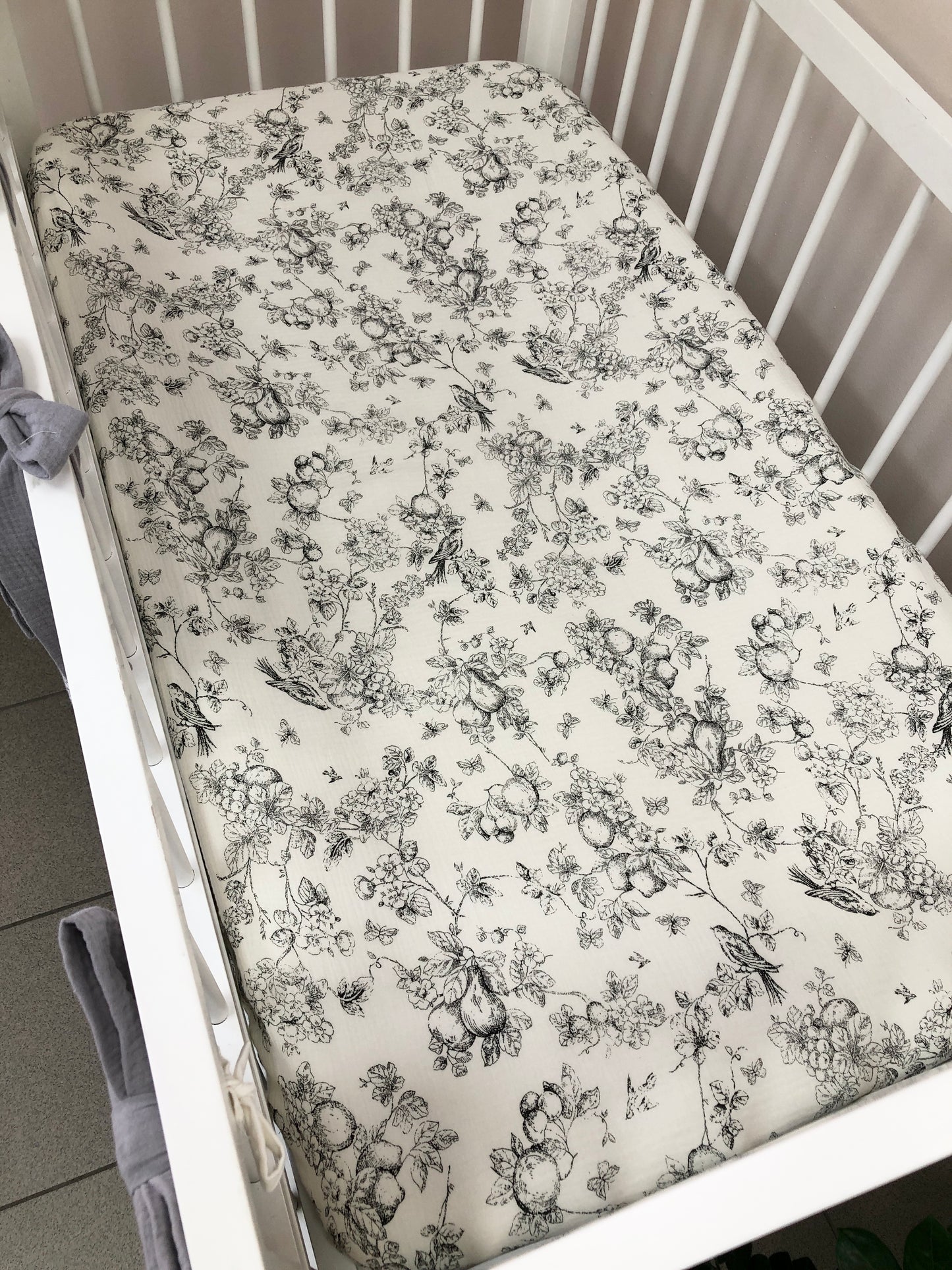 Gray Muslin Crib Bedding Set with Bird & Branch Print, Ruffled Quilted Blanket & Leaf Canopy