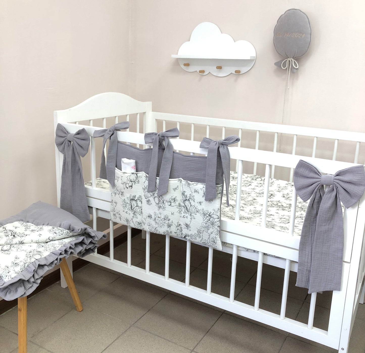 Gray Muslin Crib Bedding Set with Bird & Branch Print, Ruffled Quilted Blanket & Leaf Canopy