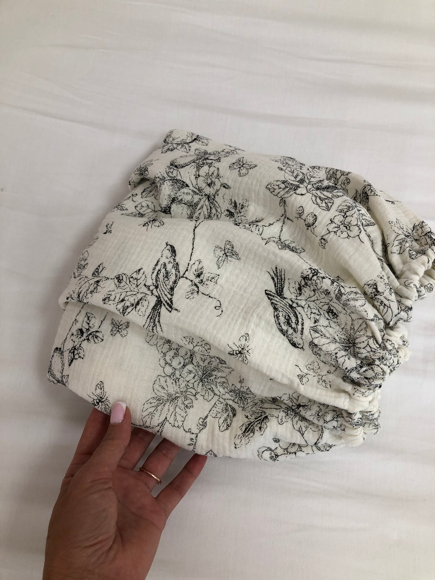 Gray Muslin Crib Bedding Set with Bird & Branch Print, Ruffled Quilted Blanket & Leaf Canopy