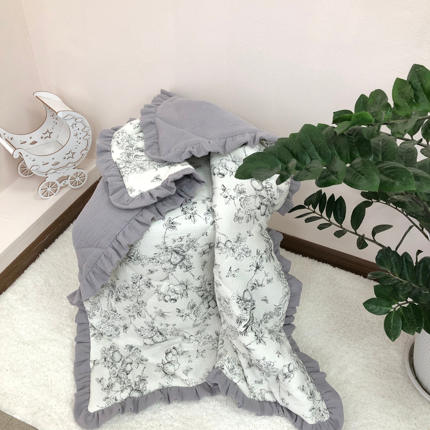 Gray Muslin Crib Bedding Set with Bird & Branch Print, Ruffled Quilted Blanket & Leaf Canopy