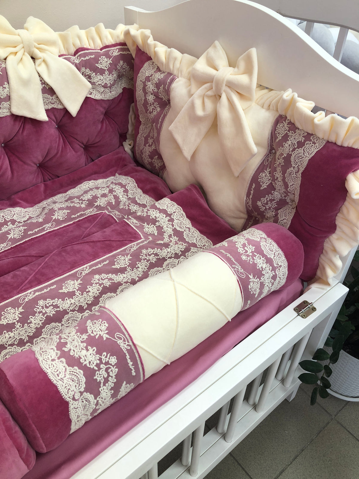 Blumarine Lace Velvet Crib Set — Cranberries & Cream