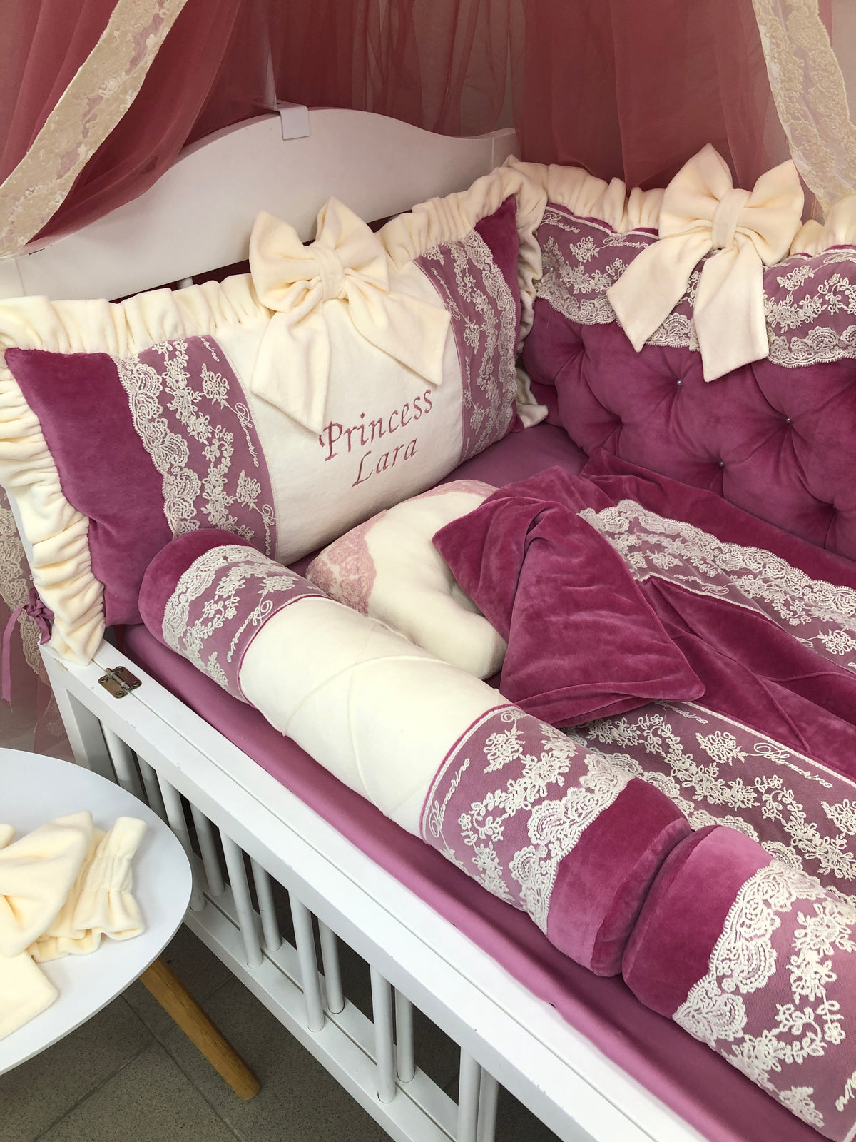 Blumarine Lace Velvet Crib Set — Cranberries & Cream