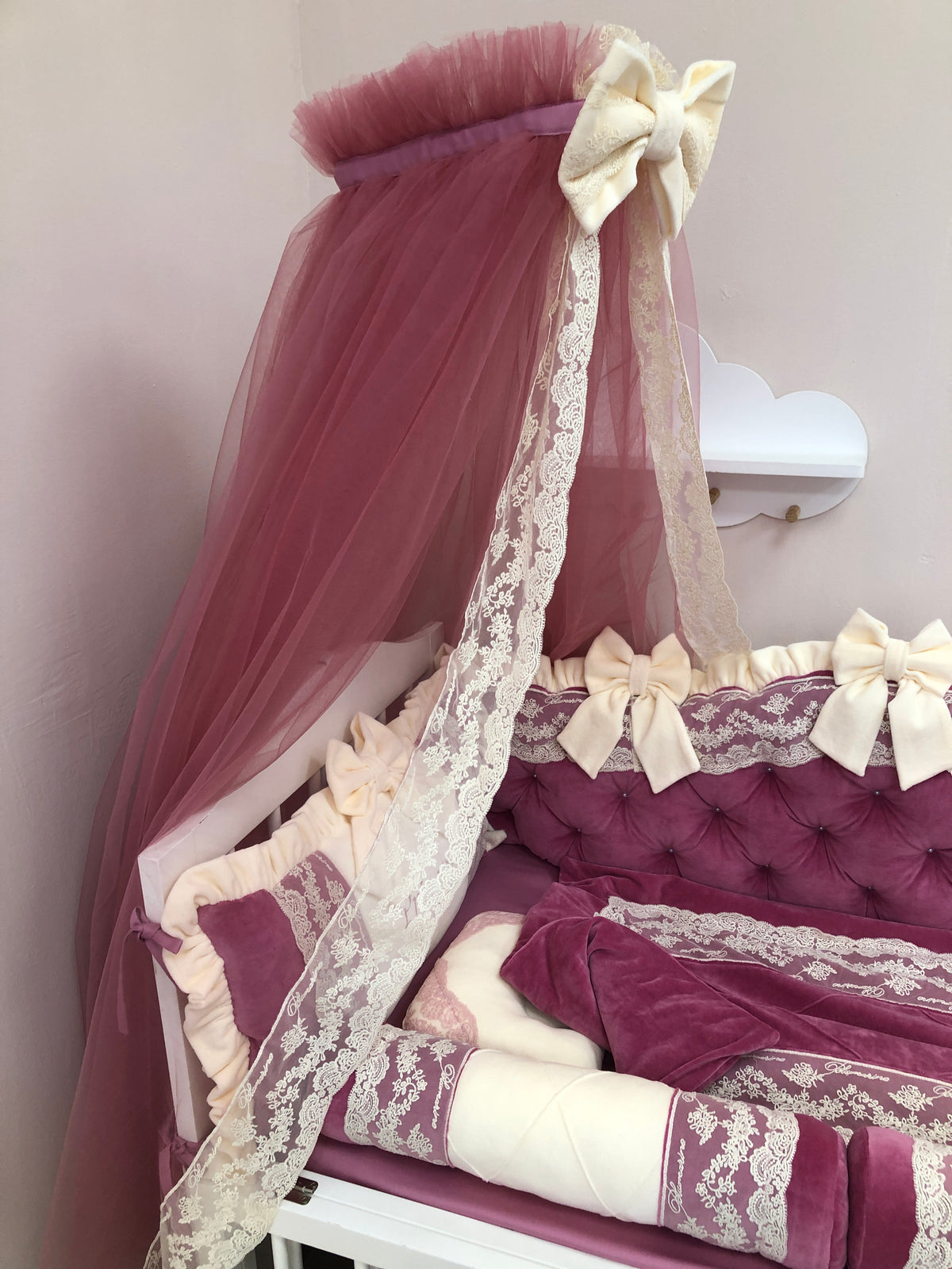 Blumarine Lace Velvet Crib Set — Cranberries & Cream