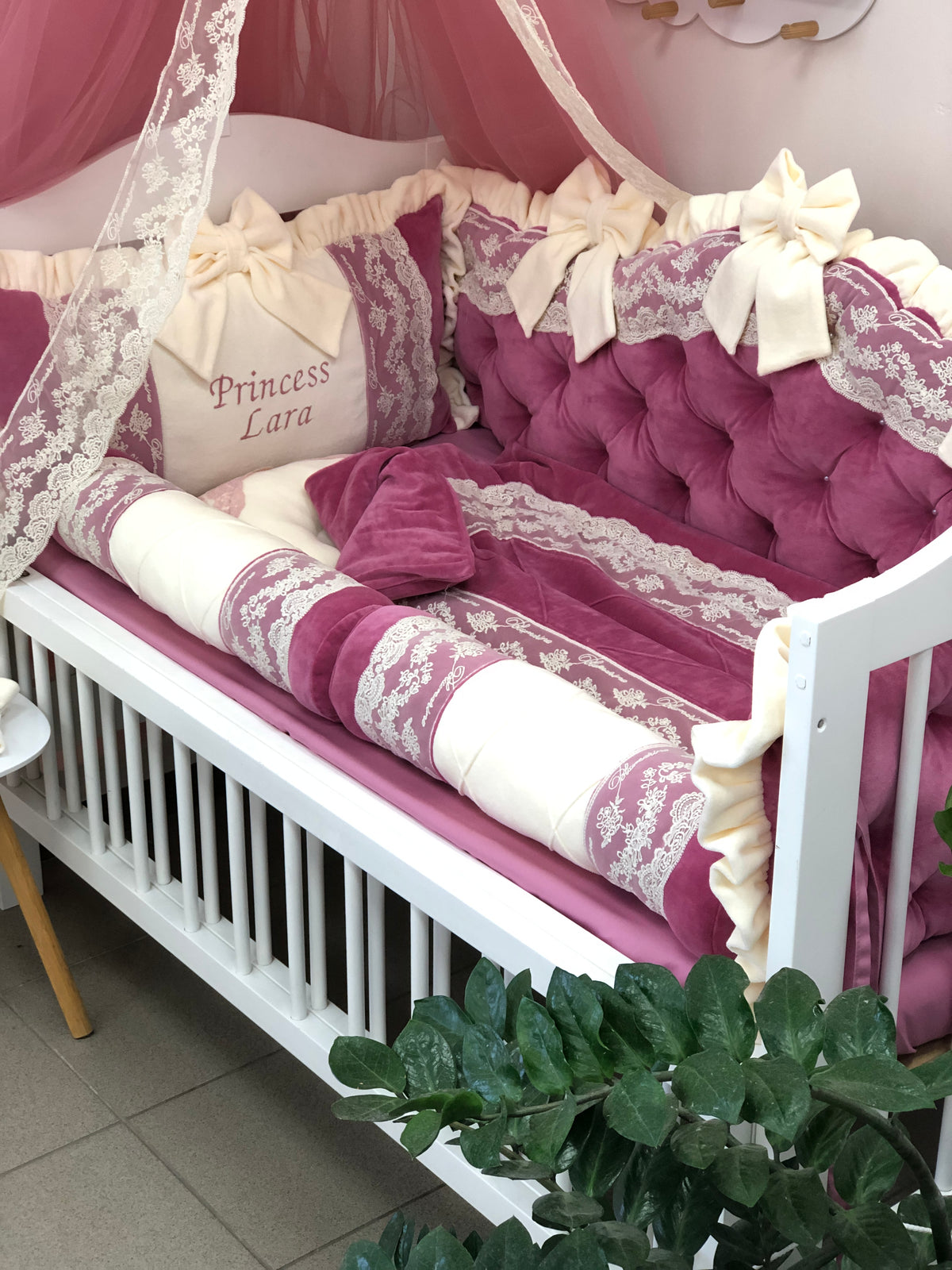 Blumarine Lace Velvet Crib Set — Cranberries & Cream