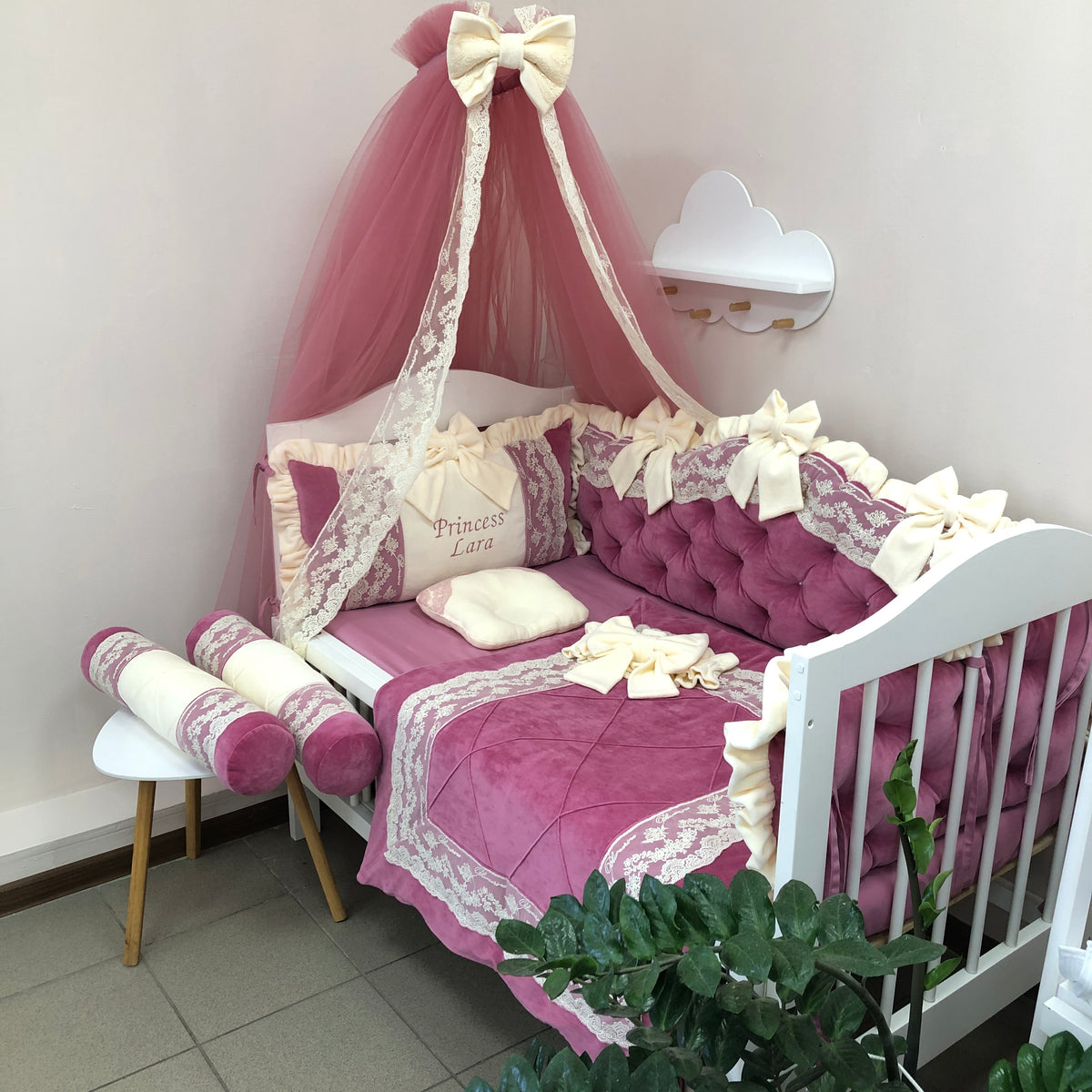 Blumarine Lace Velvet Crib Set — Cranberries & Cream