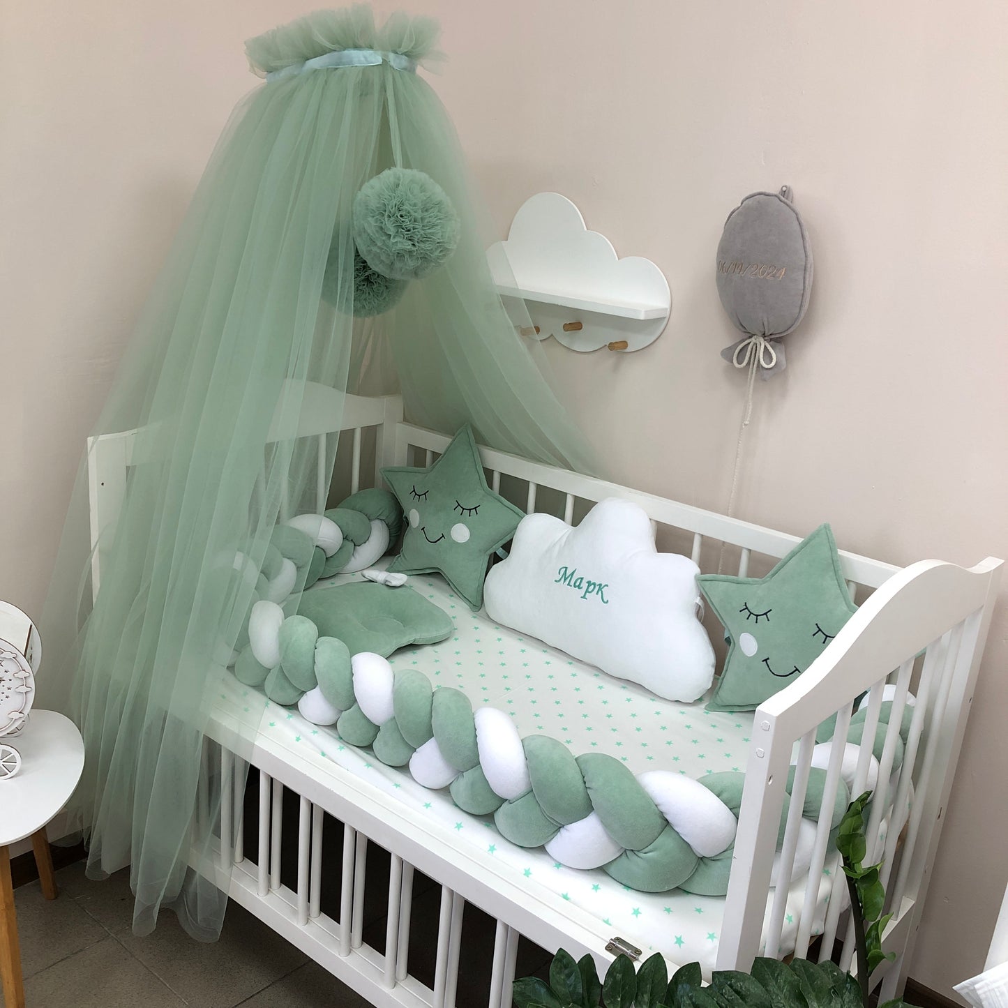 🤩Pistachio & White  Veluor Baby Crib Set with Embroidered Cloud, Stars and Canopy