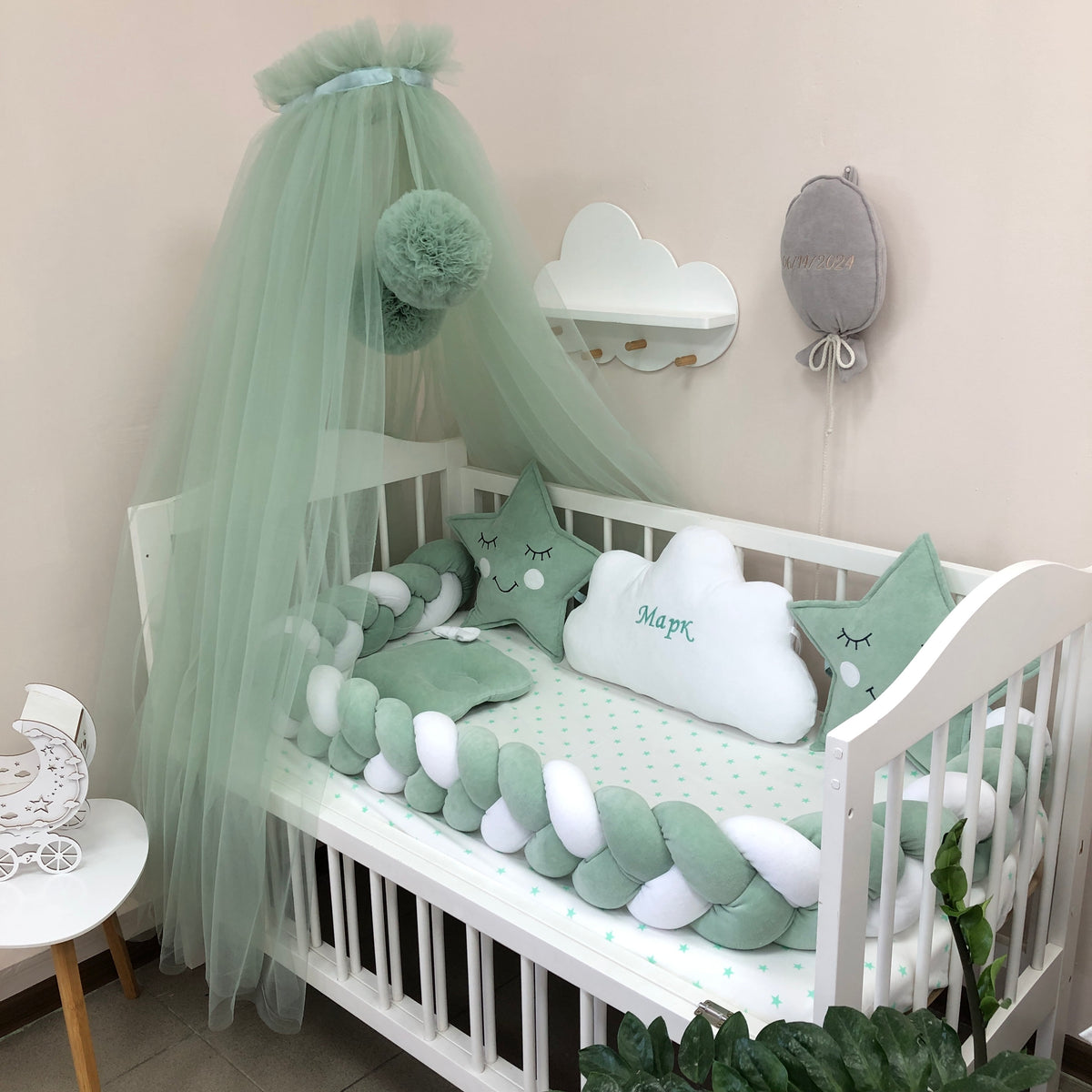 🤩Pistachio & White  Veluor Baby Crib Set with Embroidered Cloud, Stars and Canopy