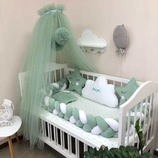 🤩Pistachio & White  Veluor Baby Crib Set with Embroidered Cloud, Stars and Canopy