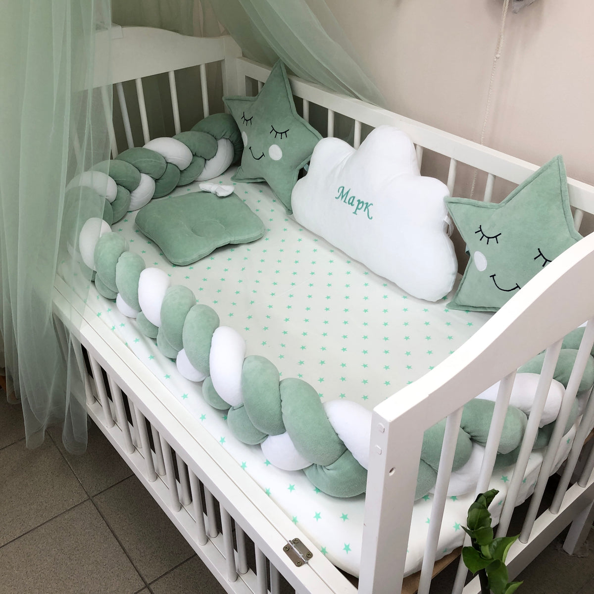 🤩Pistachio & White  Veluor Baby Crib Set with Embroidered Cloud, Stars and Canopy