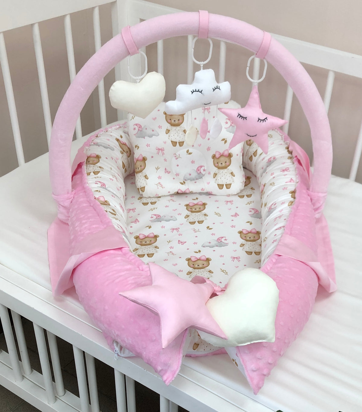 Baby Nest "Pink Bear" with Bow & Toys