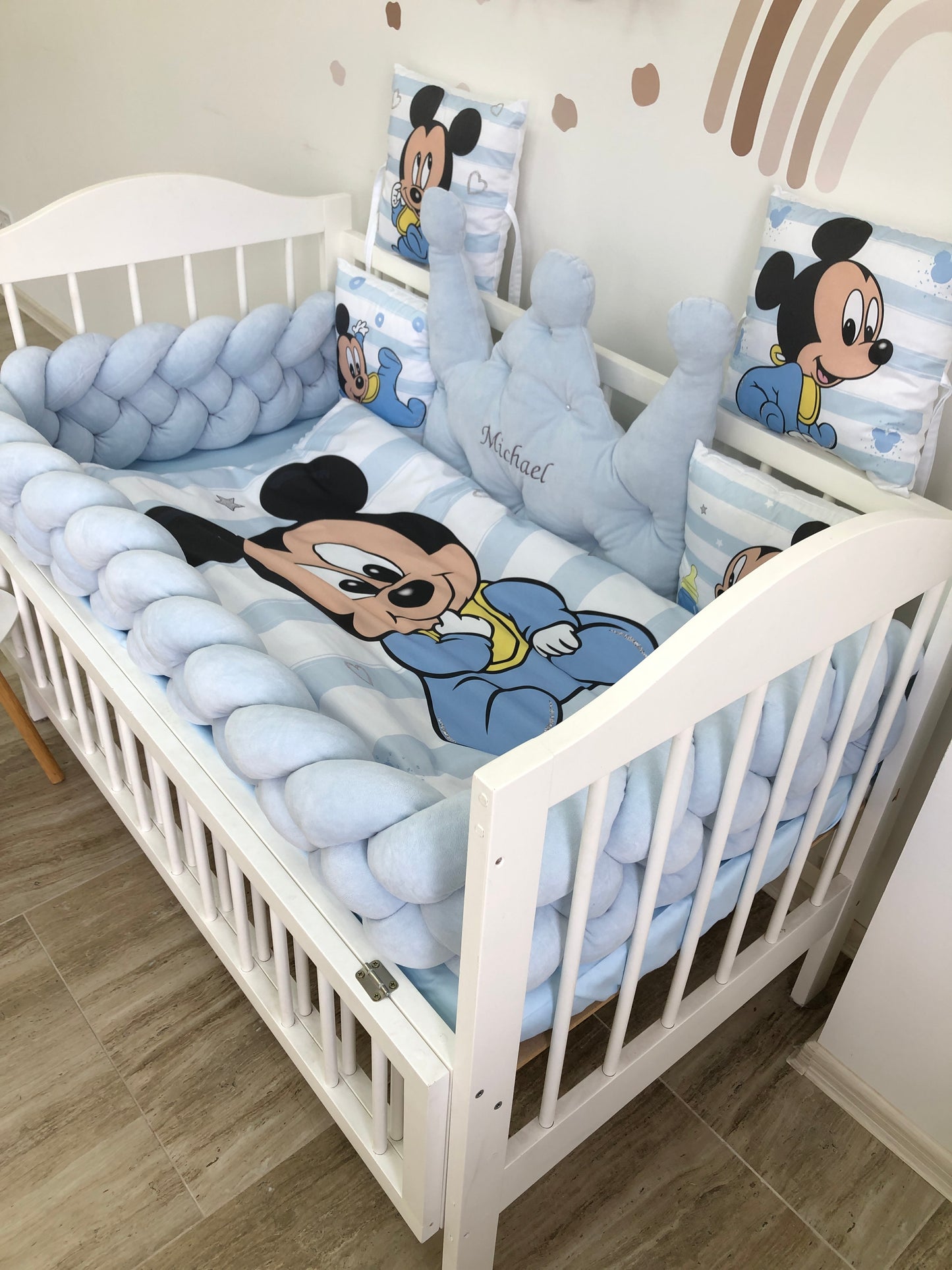 Crib Bedding set "Mickey Mouse with a blue braid"