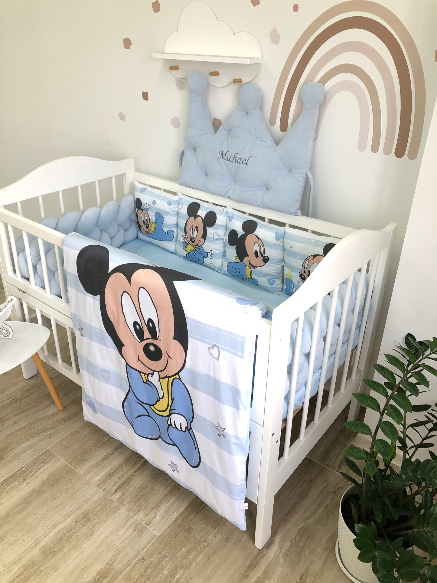 Crib Bedding set "Mickey Mouse with a blue braid"