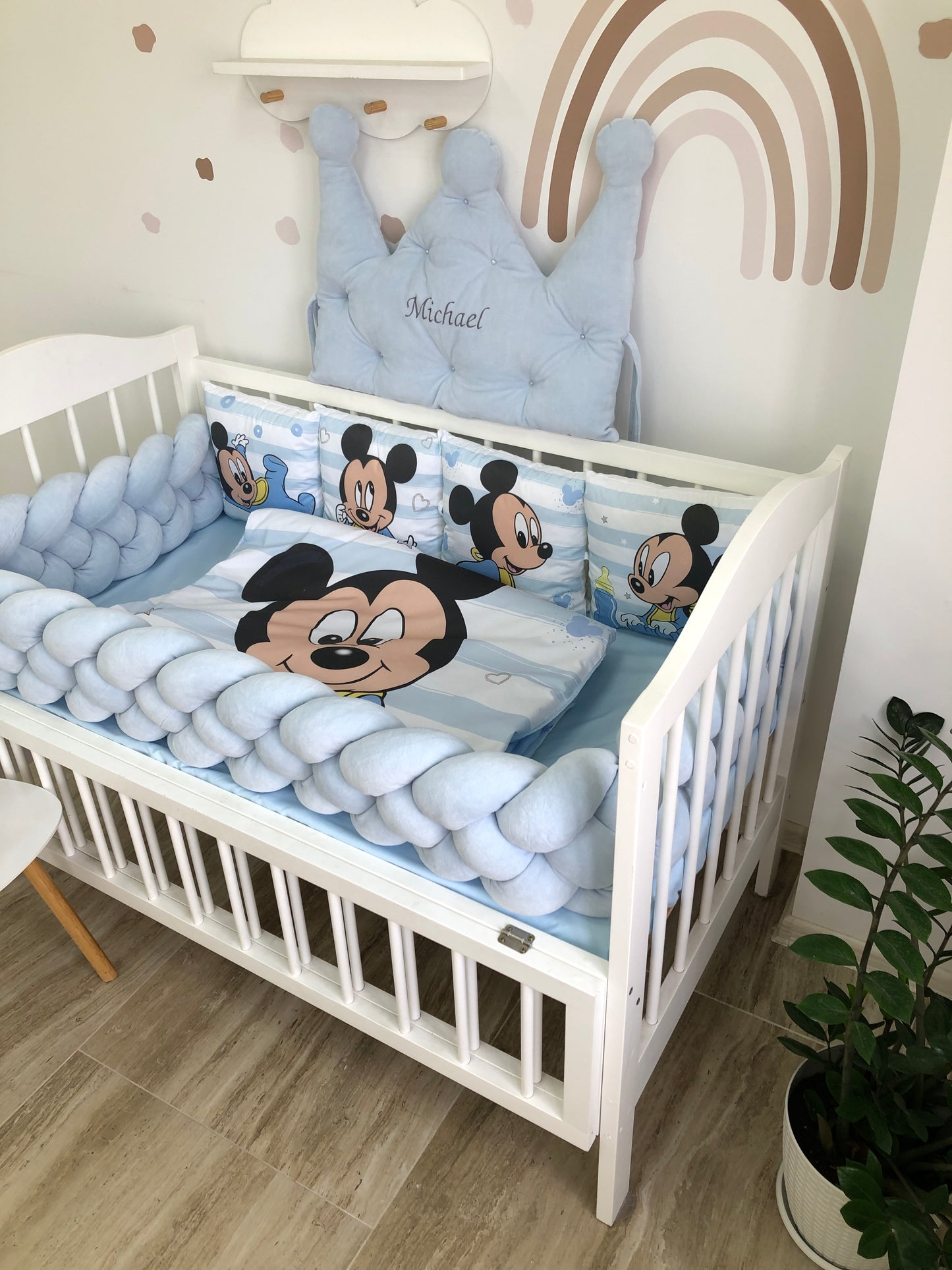 Crib Bedding set "Mickey Mouse with a blue braid"