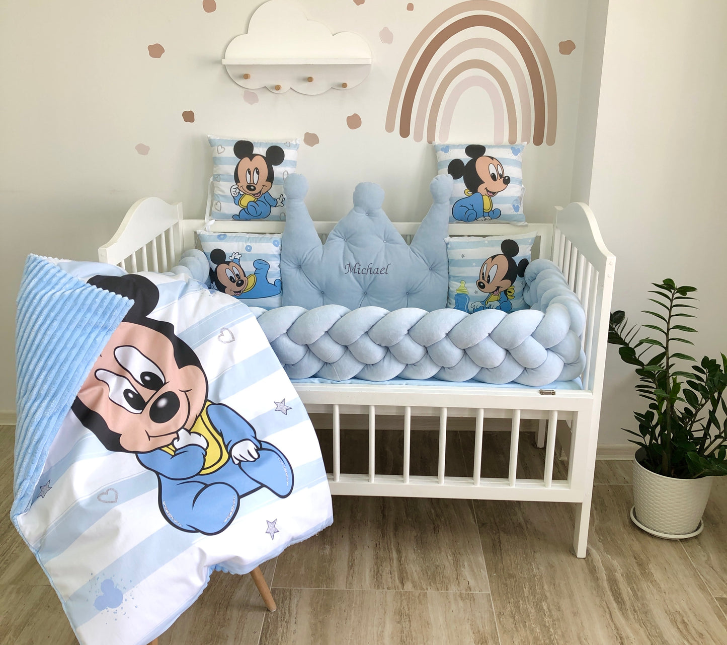 Crib Bedding set "Mickey Mouse with a blue braid"