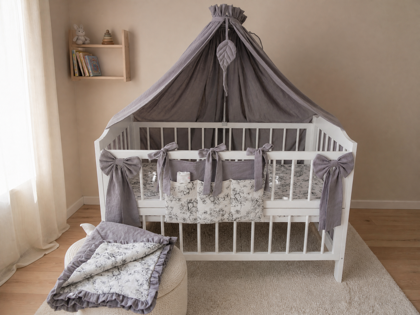 Gray Muslin Crib Bedding Set with Bird & Branch Print, Ruffled Quilted Blanket & Leaf Canopy