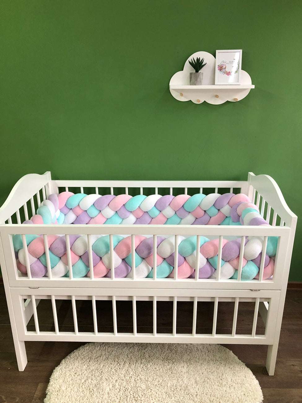 Braided bed bumpers in pink, lilac, white and cyan colors for crib - Baby Bedding Worlds