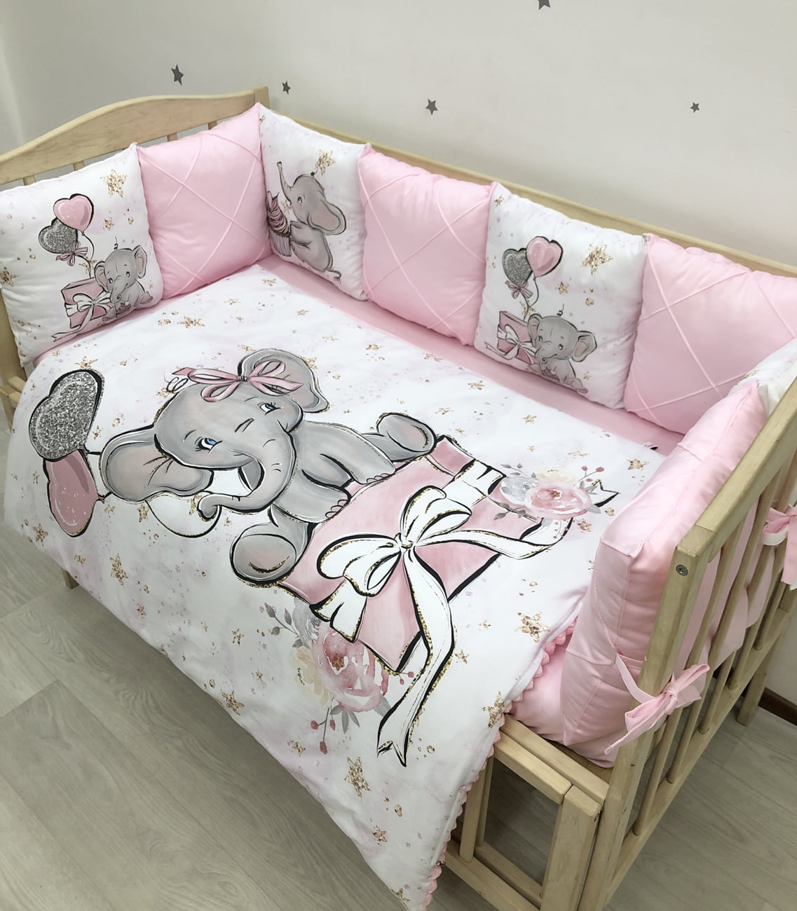 Crib set “Pink Elephant” - Baby Bedding Worlds