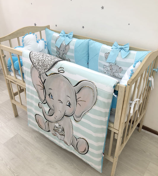 Crib set “Azure elephant” - Baby Bedding Worlds