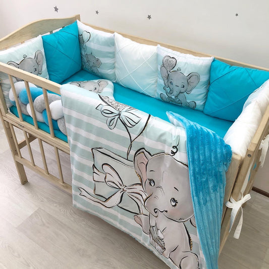 Crib set “Azure elephant” - Baby Bedding Worlds