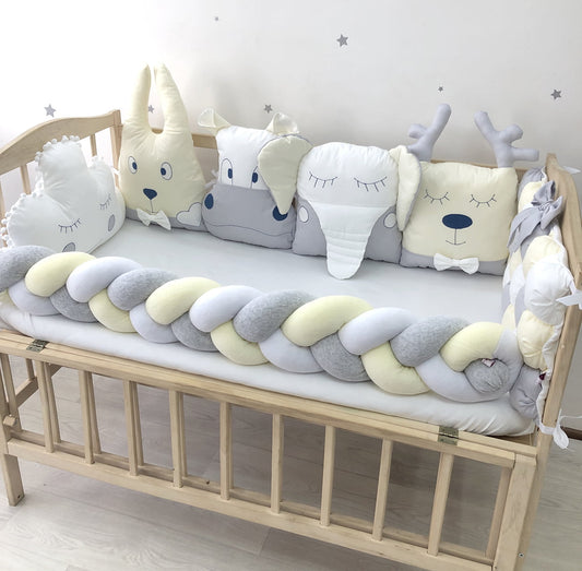 Beige gray bumper set for newborn crib “Animals bumpers beige gray” - Baby Bedding Worlds