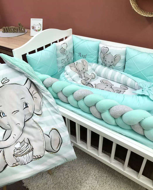 Crib set “Mint Elephant" - Baby Bedding Worlds