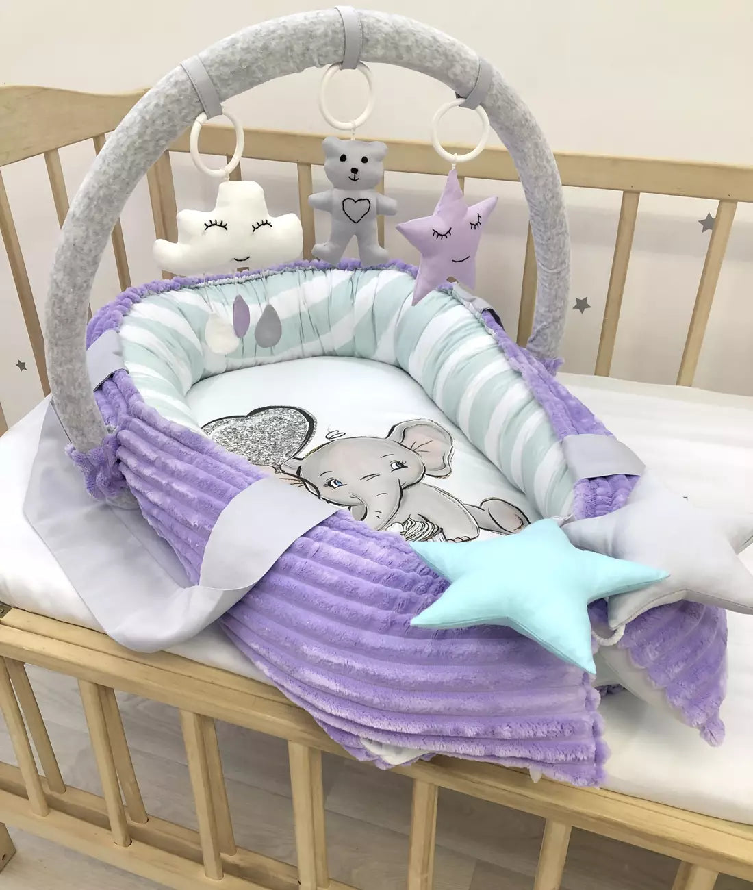 Baby nest “Purple Elephant” - Baby Bedding Worlds