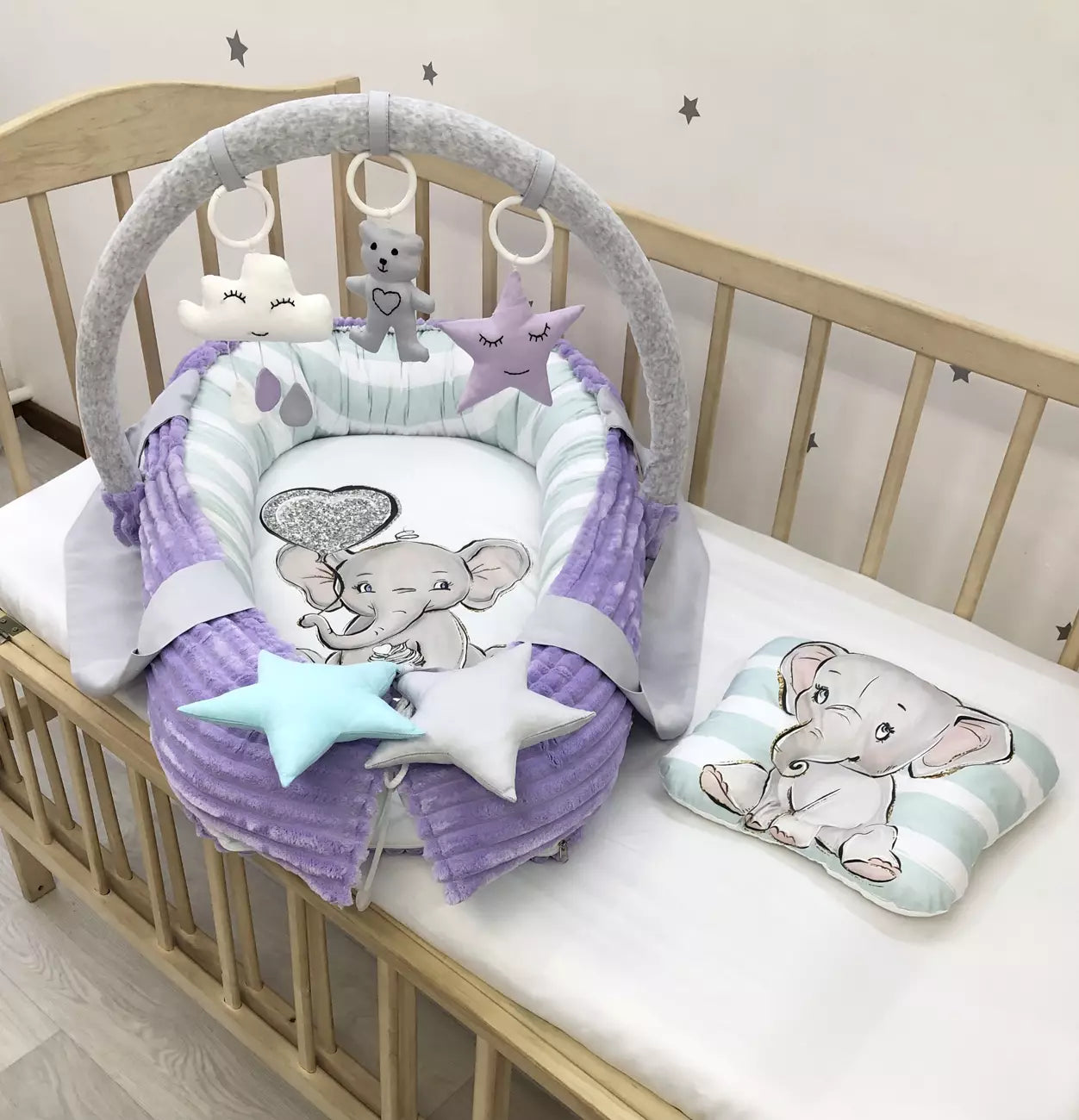 Baby nest “Purple Elephant” - Baby Bedding Worlds