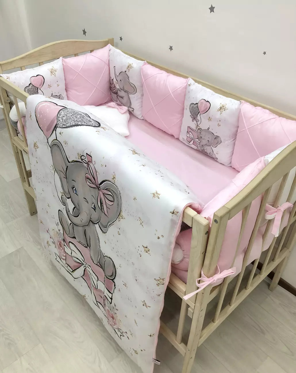 Crib set “Pink Elephant” - Baby Bedding Worlds