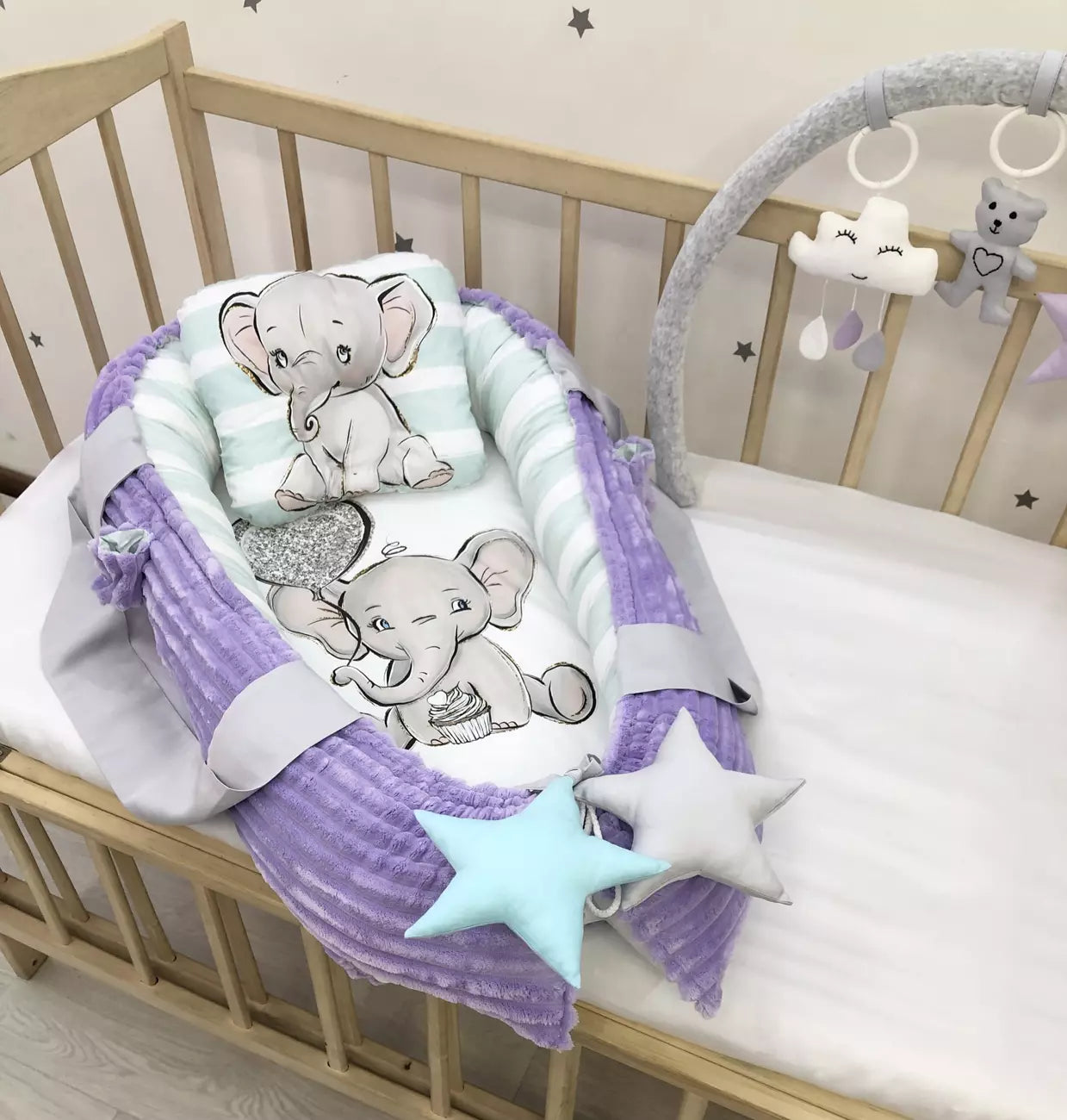 Baby nest “Purple Elephant” - Baby Bedding Worlds