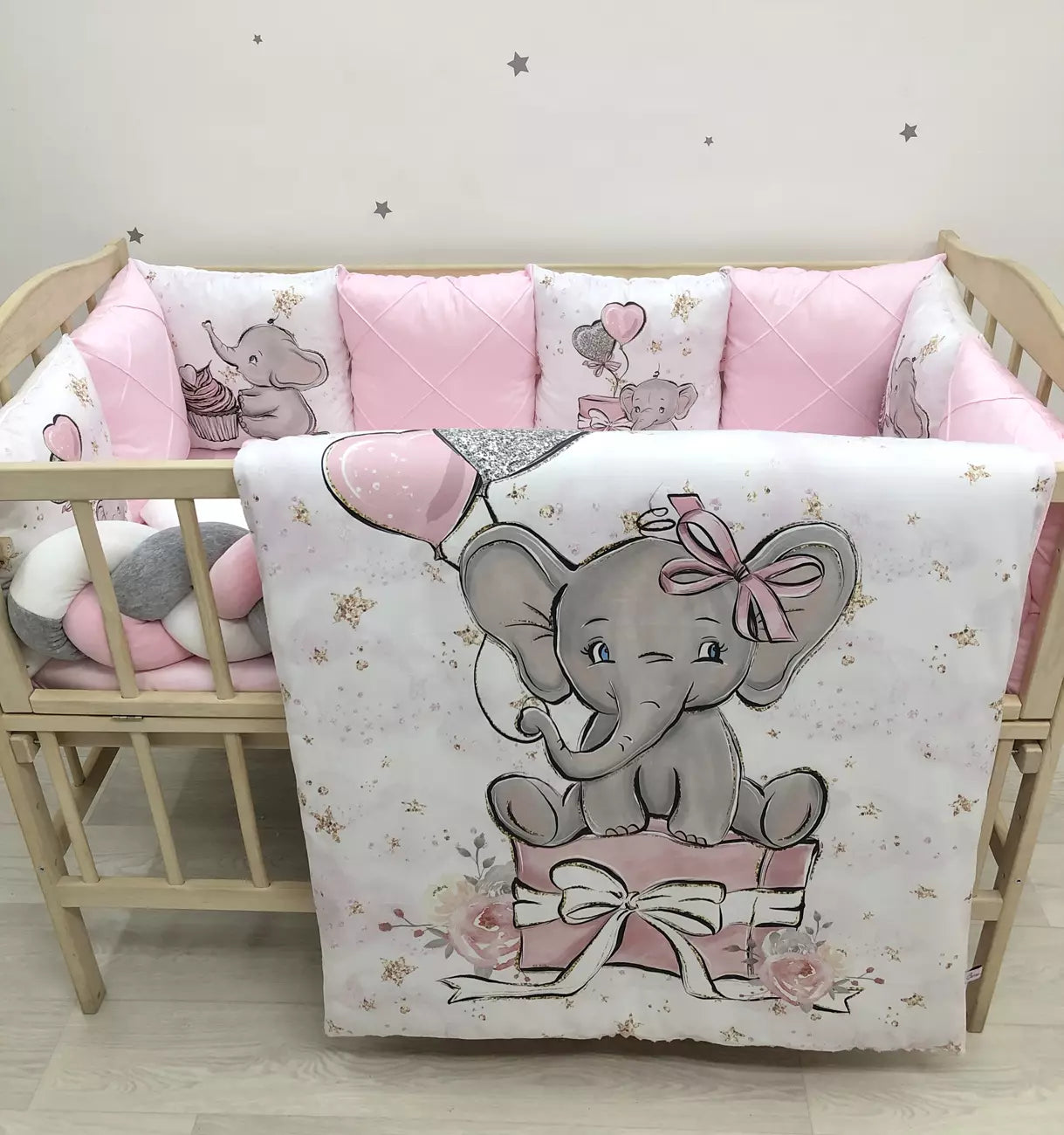 Crib set “Pink Elephant” - Baby Bedding Worlds